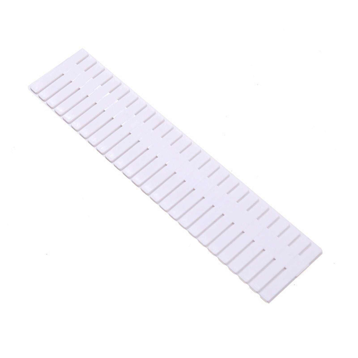 Drawer Divider Organizer, white plastic adjustable partition with evenly spaced slots along both edges for custom drawer sections