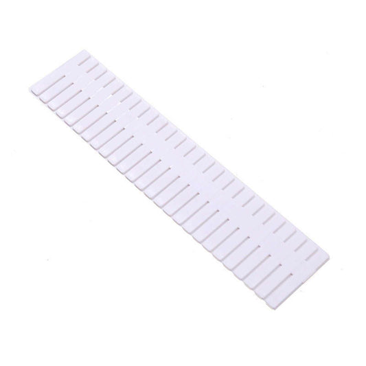 Drawer Divider Organizer, white plastic adjustable partition with evenly spaced slots along both edges for custom drawer sections