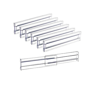 Drawer Dividers in clear acrylic, with six slim adjustable panels and one shown expanded with a sliding center section