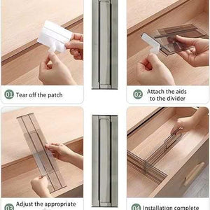 Drawer Dividers shown as clear acrylic adjustable panels with adhesive ends being fitted into wooden drawers.