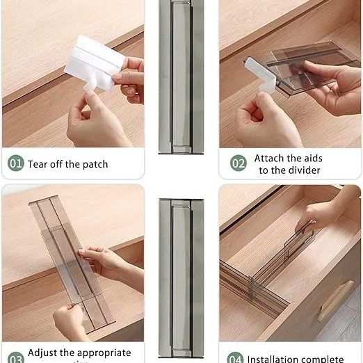 Drawer Dividers shown as clear acrylic adjustable panels with adhesive ends being fitted into wooden drawers.