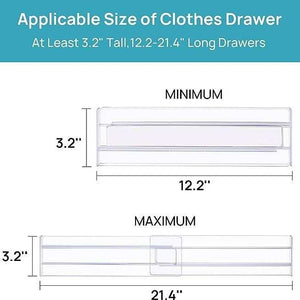Drawer Dividers made from clear acrylic, shown expanding from 12.2 to 21.4 inches to fit drawers