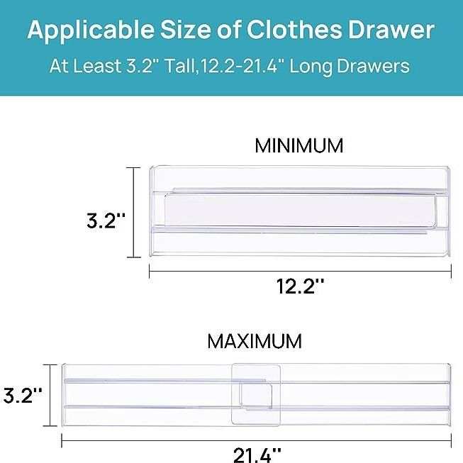 Drawer Dividers made from clear acrylic, shown expanding from 12.2 to 21.4 inches to fit drawers
