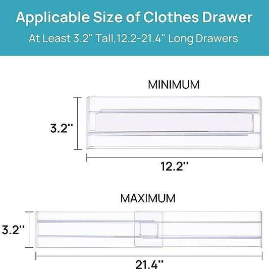 Drawer Dividers made from clear acrylic, shown expanding from 12.2 to 21.4 inches to fit drawers