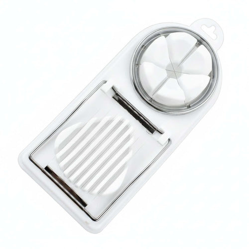 Egg Slicer Vertical Cut tool with a white plastic body, stainless steel wire blades and round flower-cutting insert.