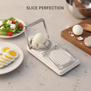 Egg Slicer Vertical Cut in white plastic and stainless steel, with a press-down frame and parallel wire blades