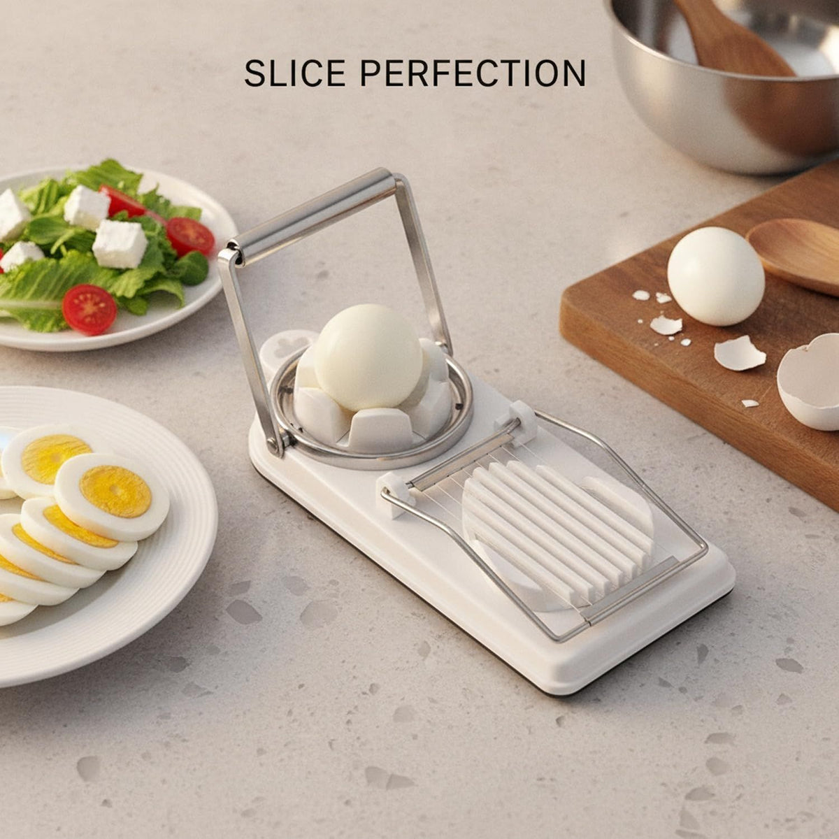 Egg Slicer Vertical Cut in white plastic and stainless steel, with a press-down frame and parallel wire blades