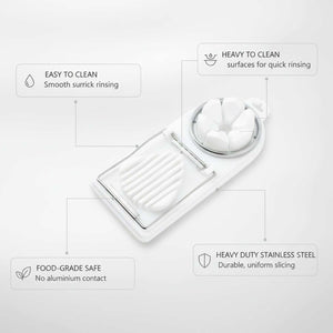 Egg Slicer Vertical Cut with a white PP plastic body and stainless steel wire blades in a dual cutting design