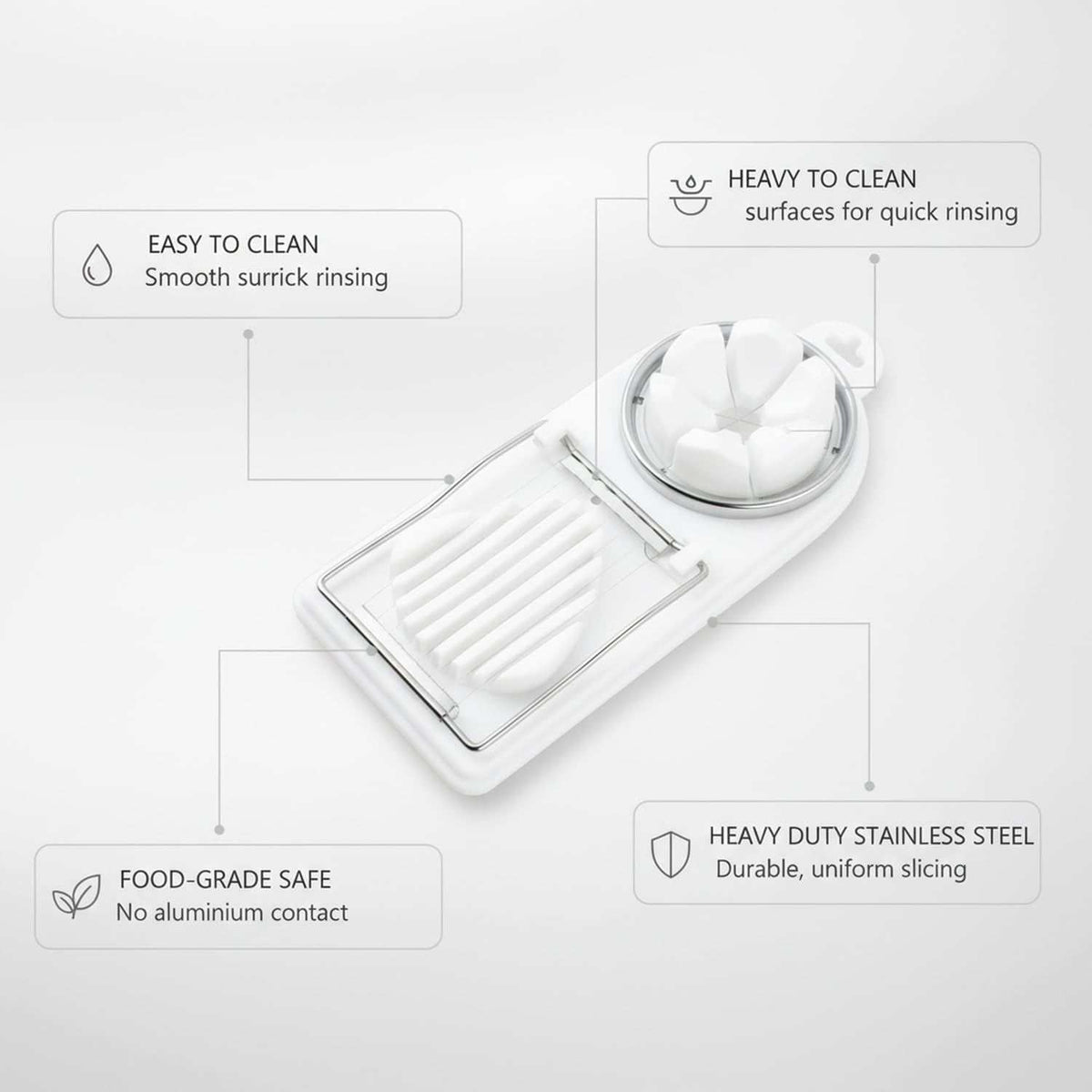 Egg Slicer Vertical Cut with a white PP plastic body and stainless steel wire blades in a dual cutting design