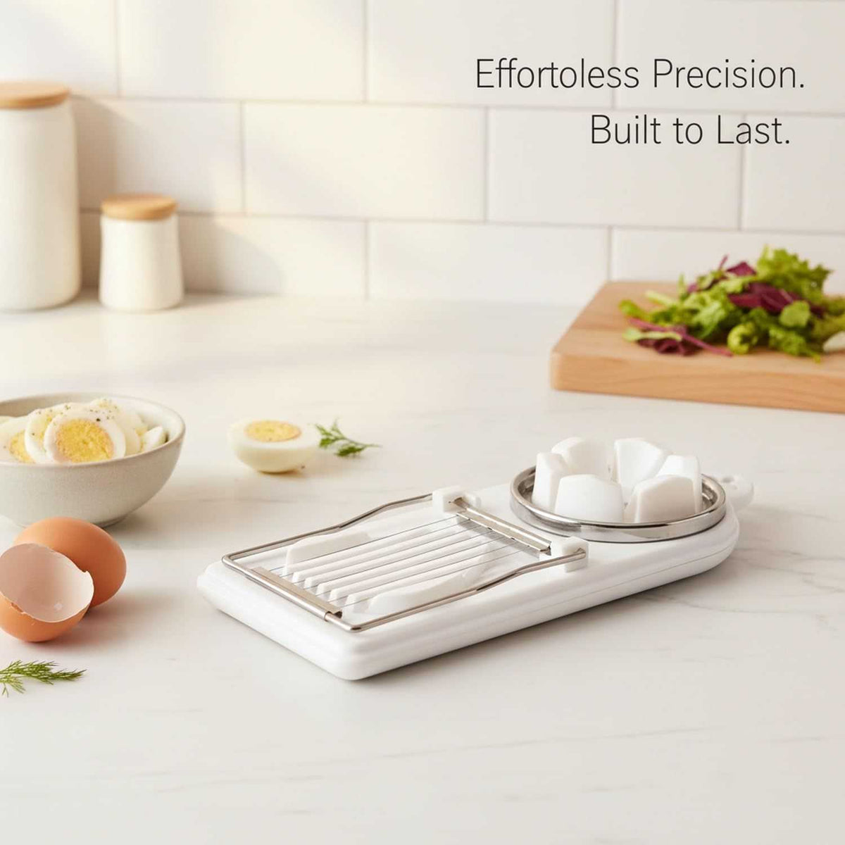 Egg Slicer Vertical Cut in white plastic with stainless steel wire blades and a round flower-cutting insert
