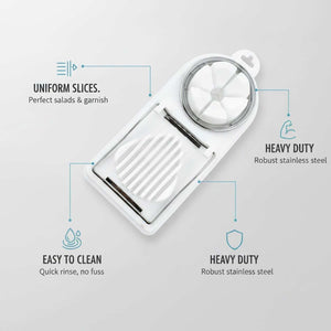 Egg Slicer Vertical Cut in white plastic with stainless steel wires and a round flower-cut blade insert