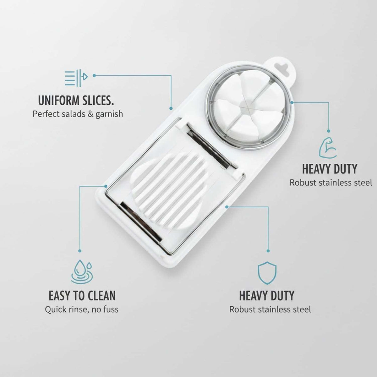 Egg Slicer Vertical Cut in white plastic with stainless steel wires and a round flower-cut blade insert