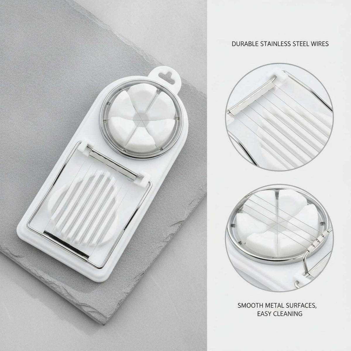 Egg Slicer Vertical Cut in white plastic with stainless steel wire blades and a dual-position slicer and flower-cut attachment.