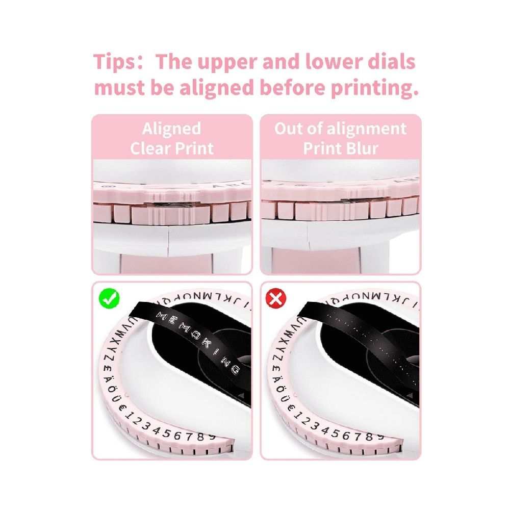 Embossing Label Maker E975 with pale pink character dials and black tape, showing aligned and misaligned printing examples