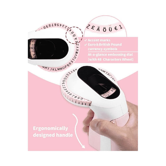 Embossing Label Maker E975 with a white and pale pink ergonomic handle, black dial window and 48-character wheel