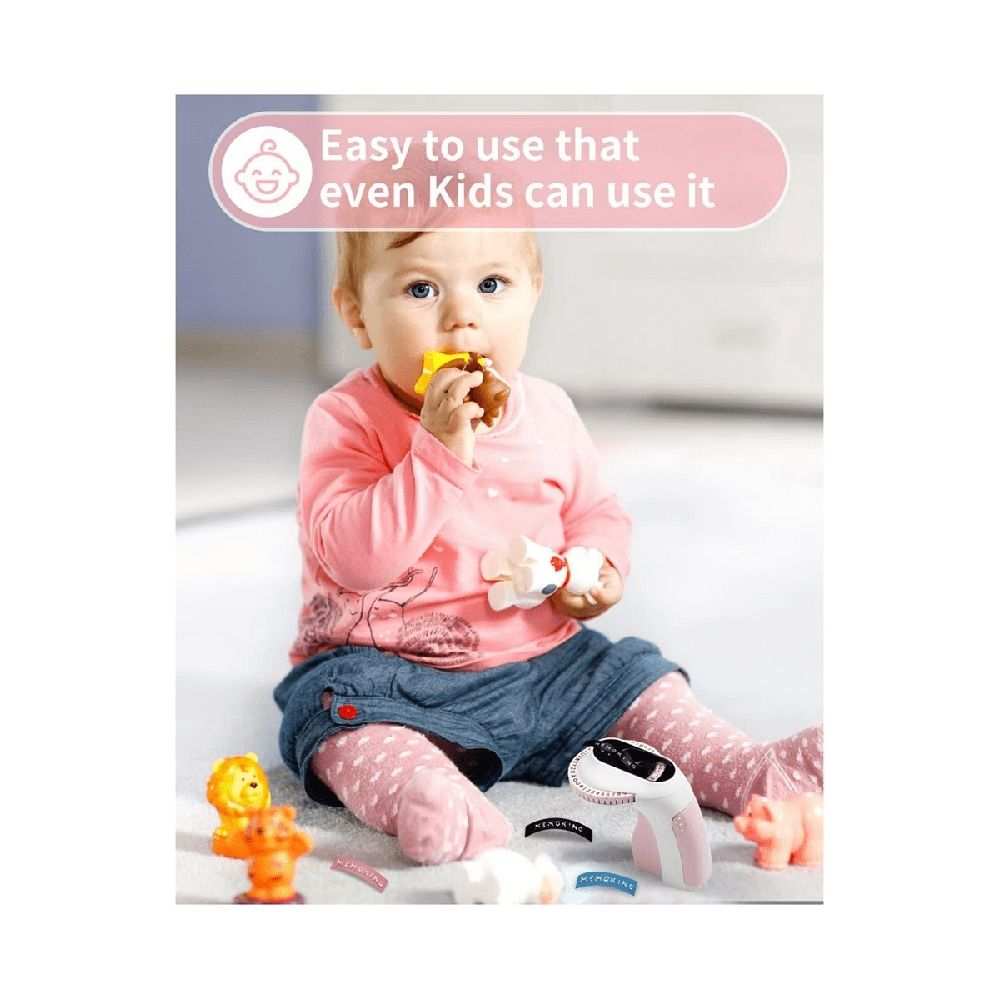 Embossing Label Maker E975 is shown as a white and pink handheld device beside colourful embossed tape labels and a child