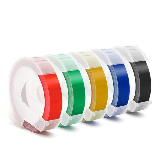 Embossing Label Tape Compatible five-pack of plastic rolls in red, green, yellow, blue and black, with white lettering