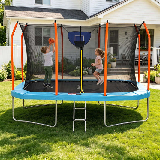 Everfit 12FT Kids Trampoline with a blue rectangular jumping mat, orange safety poles, enclosure net and basketball hoop