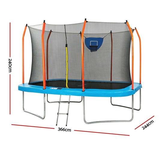 Everfit 12FT Kids Trampoline with a blue rectangular frame pad, black mesh enclosure, orange poles and basketball hoop