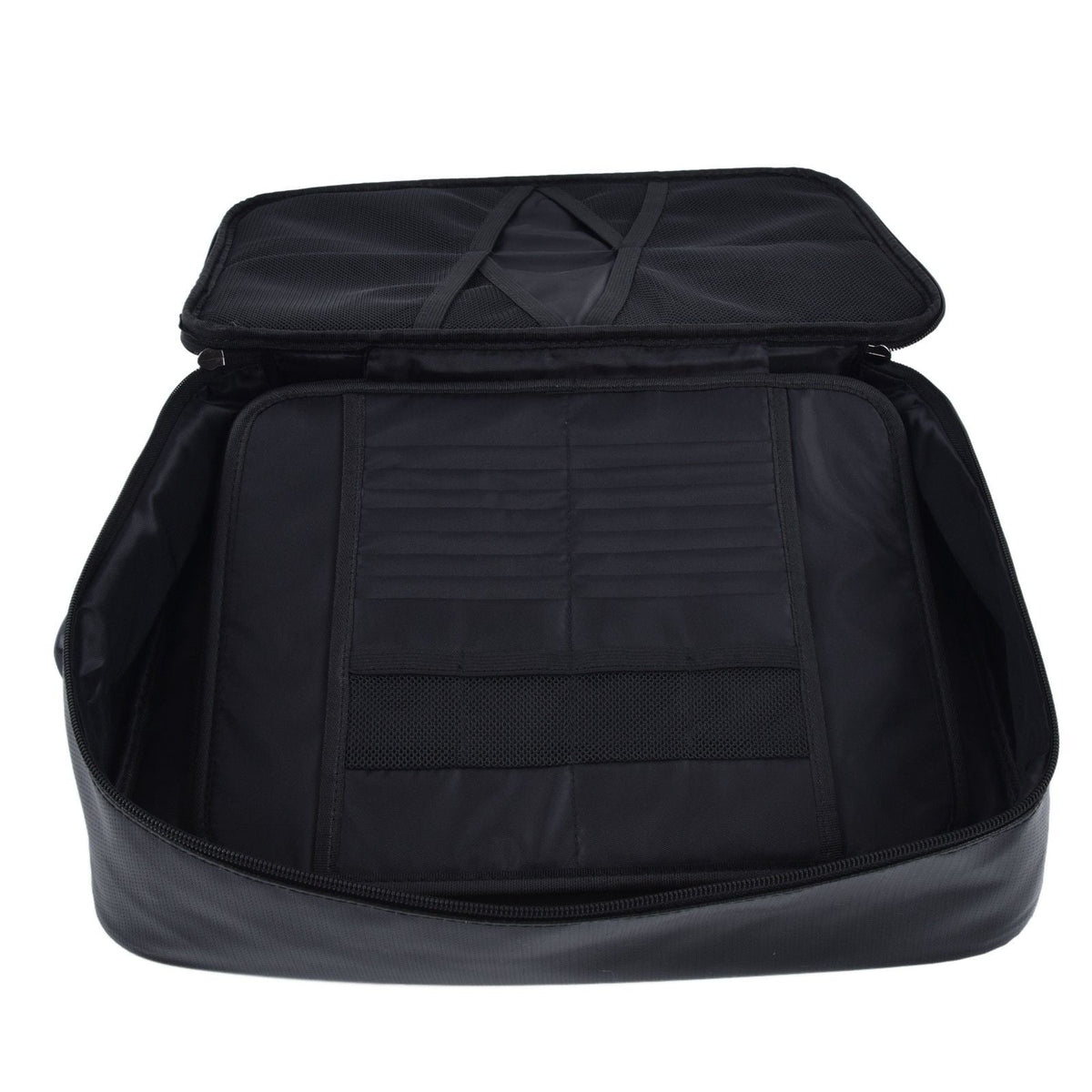 Fireproof Document Bag in black with an open zippered interior, featuring card slots and a mesh pocket
