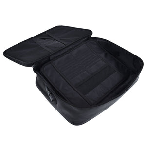 Fireproof Document Bag in black with a soft fabric exterior, zip closure and open multi-pocket organiser interior