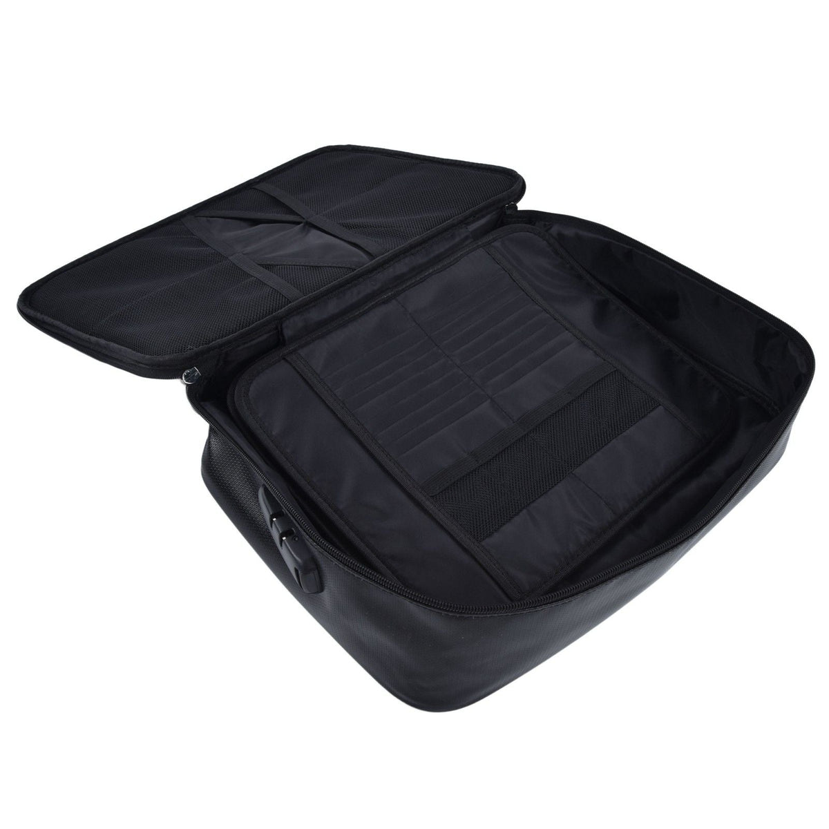 Fireproof Document Bag in black with a soft fabric exterior, zip closure and open multi-pocket organiser interior