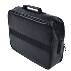 Fireproof Document Bag in black with a smooth, structured fabric exterior, top carry handle, zipper closure and combination lock