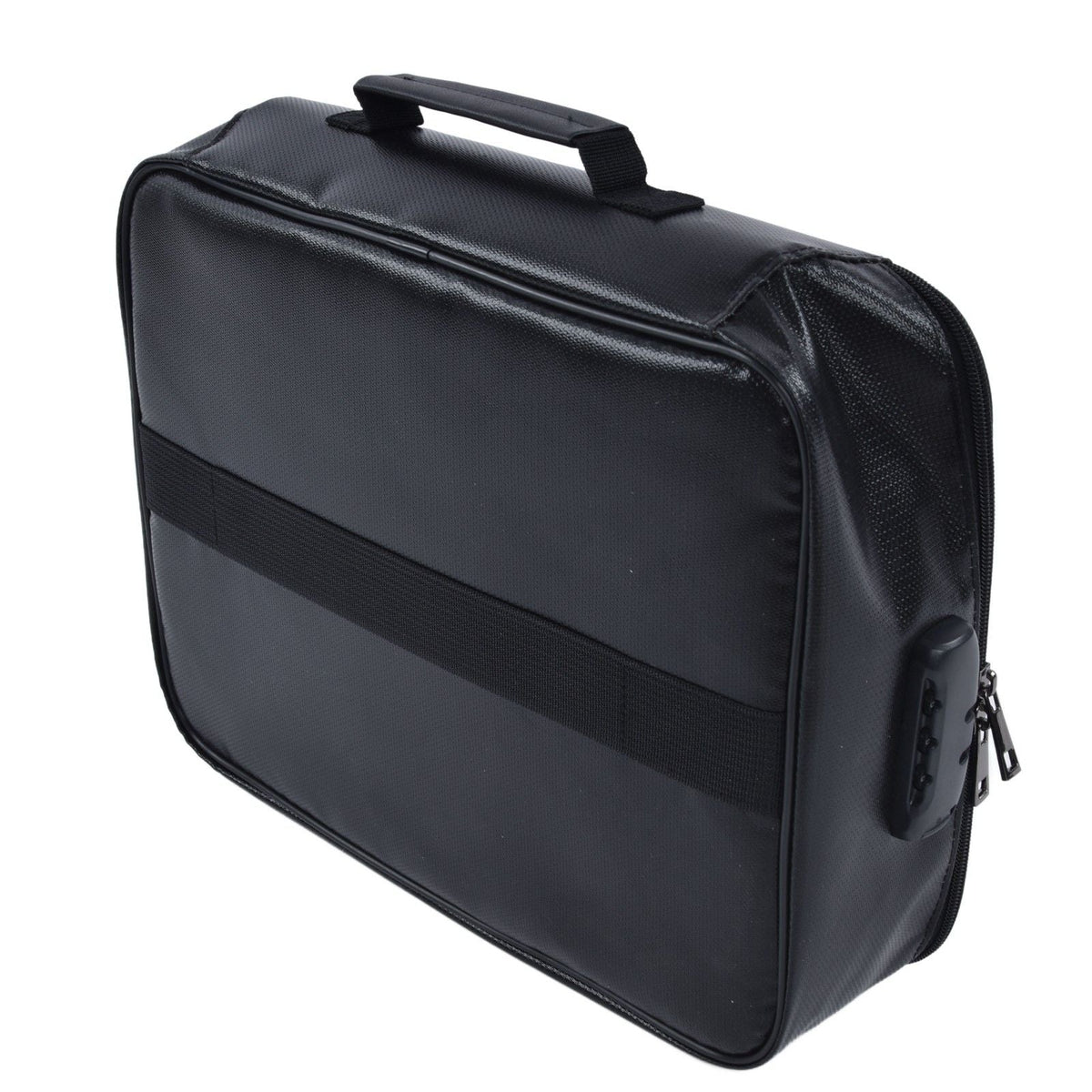 Fireproof Document Bag in black with a smooth, structured fabric exterior, top carry handle, zipper closure and combination lock