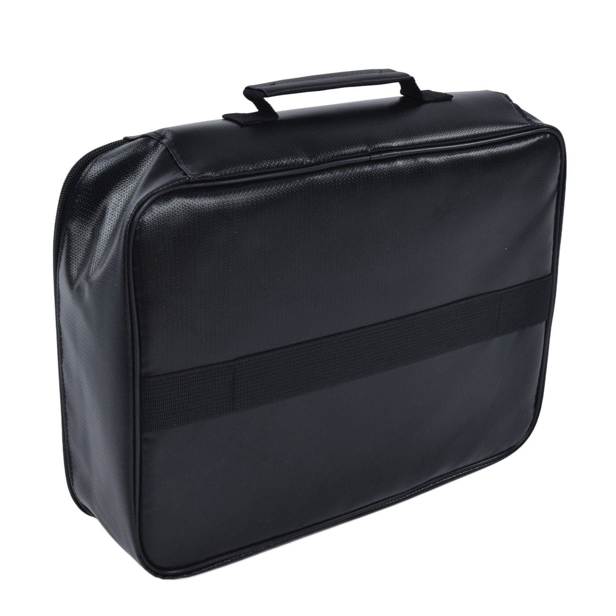 Fireproof Document Bag in black textured fabric with a sturdy top handle and wide horizontal front strap.