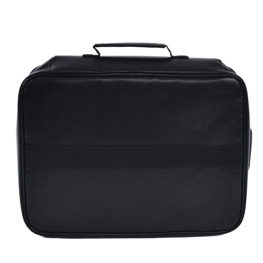 Fireproof Document Bag in black textured fabric with a zippered edge, sturdy top handle and plain front panel