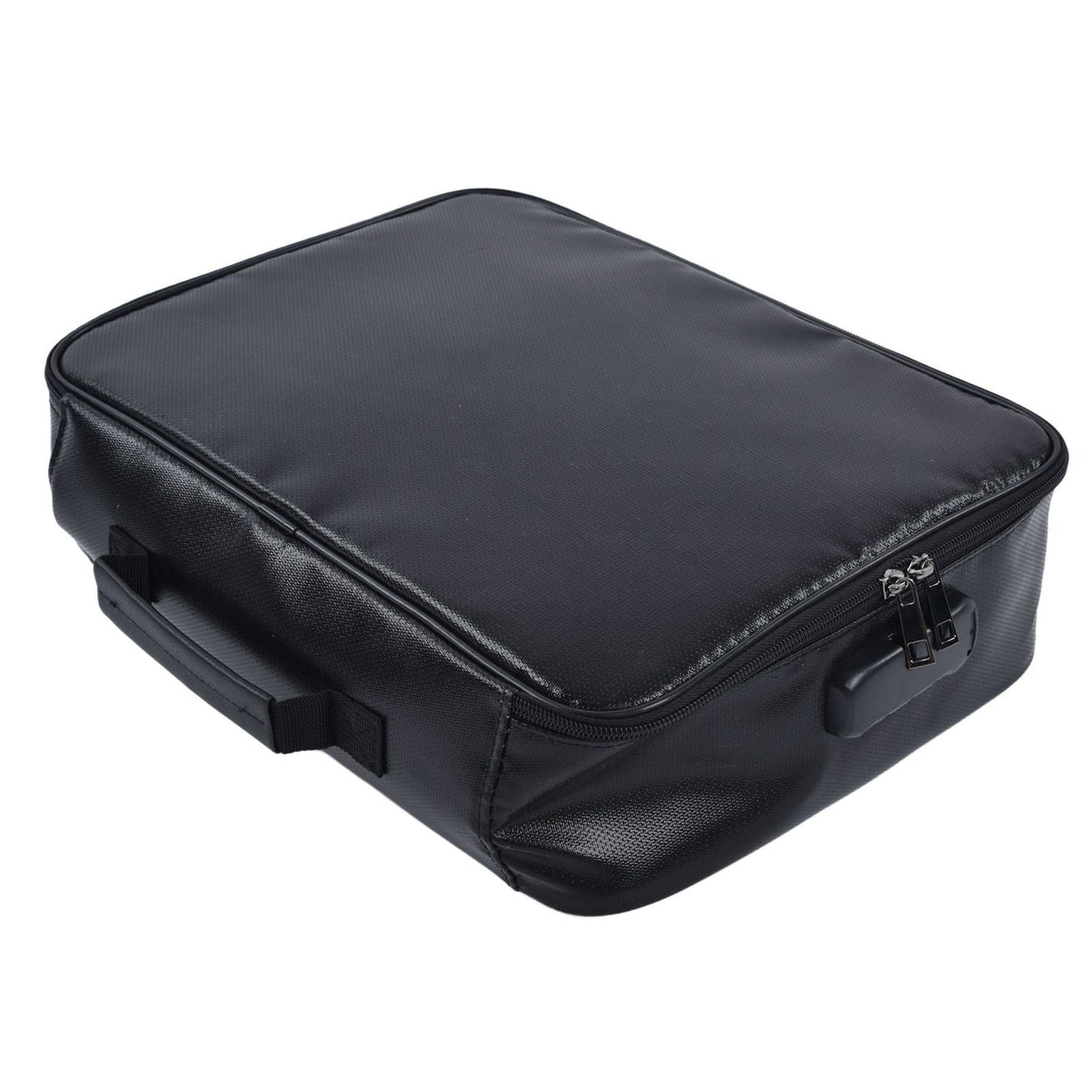 Fireproof Document Bag in black textured fabric with a structured rectangular shape, wraparound zipper and combination lock