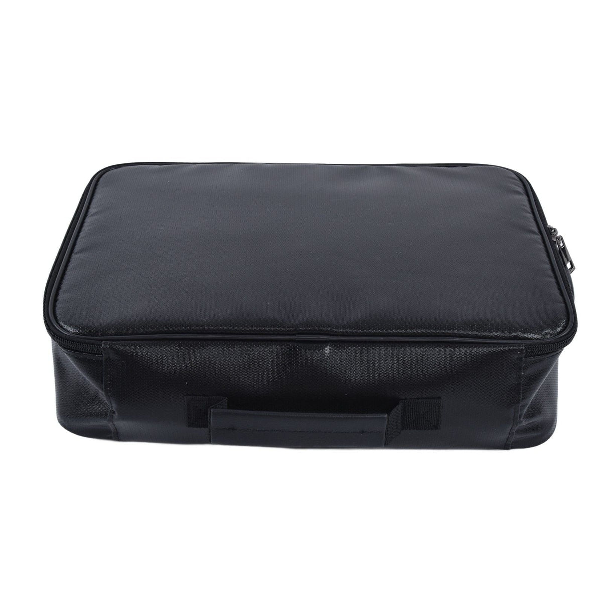 Fireproof Document Bag in black with a smooth, rectangular zippered top, textured sides and a sturdy front handle