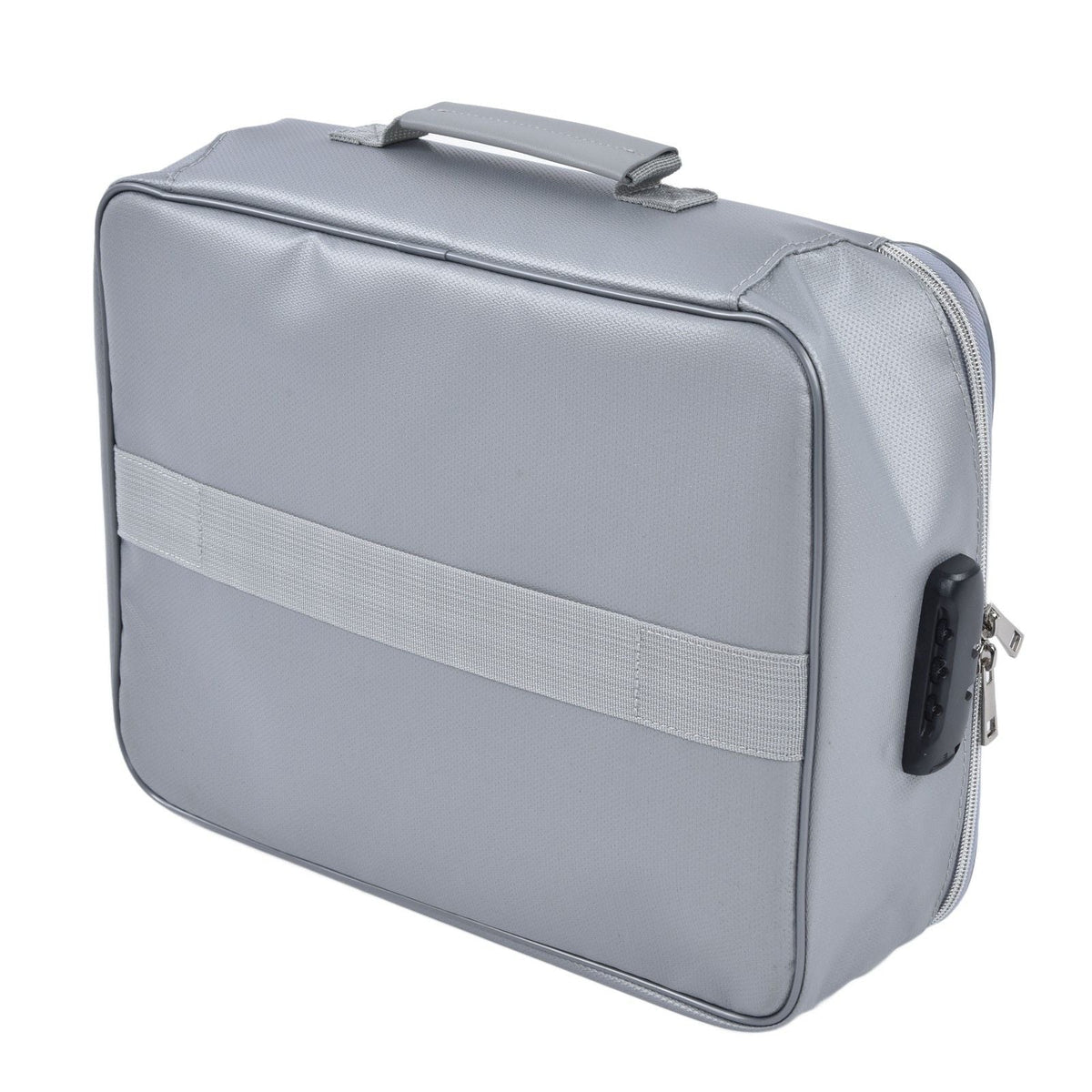 Fireproof Document Bag in silver with a smooth fabric exterior, top carry handle, front strap and side combination lock