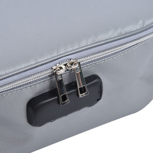 Fireproof Document Bag in silver textured material, shown close-up with twin zipper pulls and a black combination lock