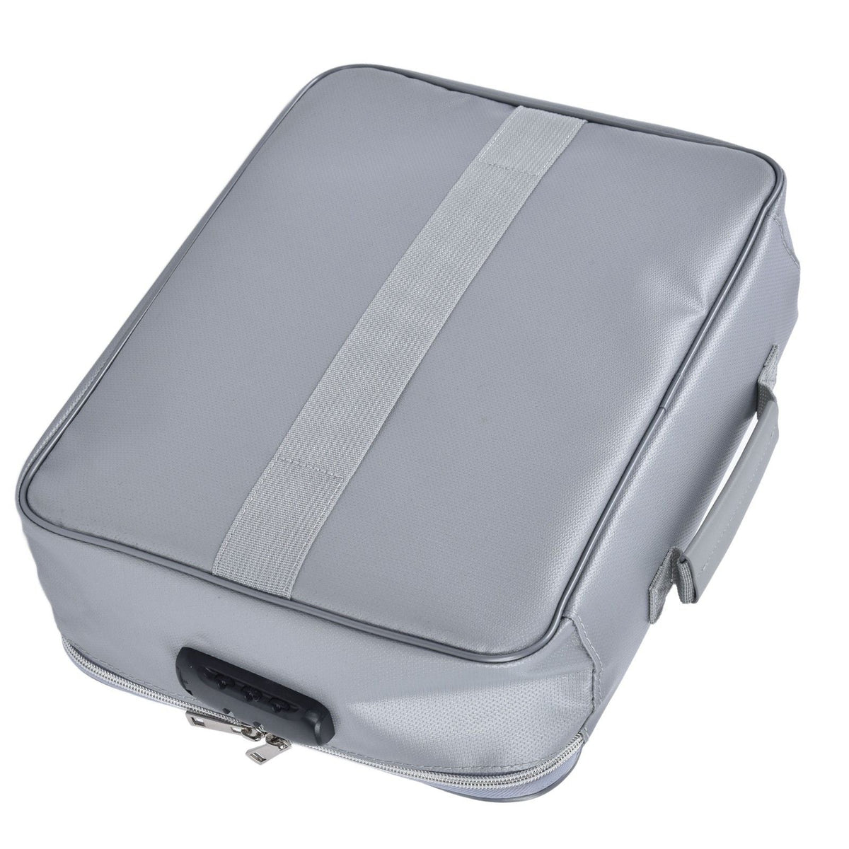 Fireproof Document Bag in silver silicone-coated fibreglass, with a zippered case shape and wide grey strap across the lid