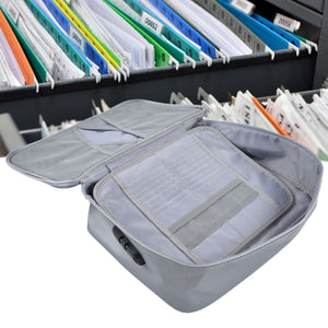 Fireproof Document Bag in silver-gray fabric, open to reveal a mesh pocket and multiple organized card slots inside