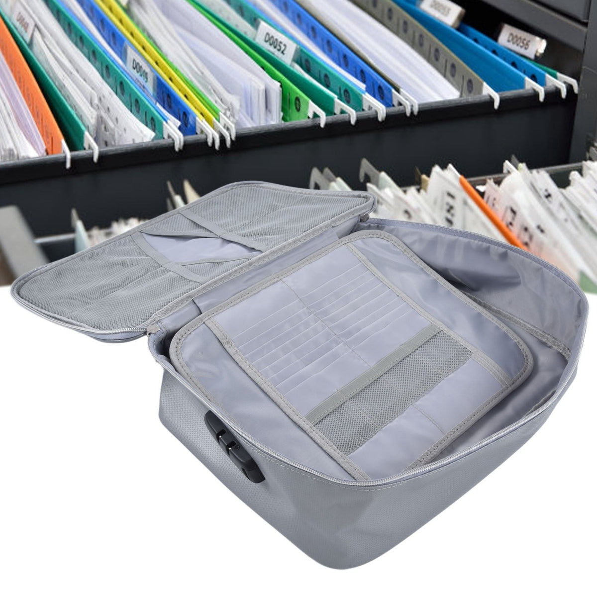 Fireproof Document Bag in silver-gray fabric, open to reveal a mesh pocket and multiple organized card slots inside