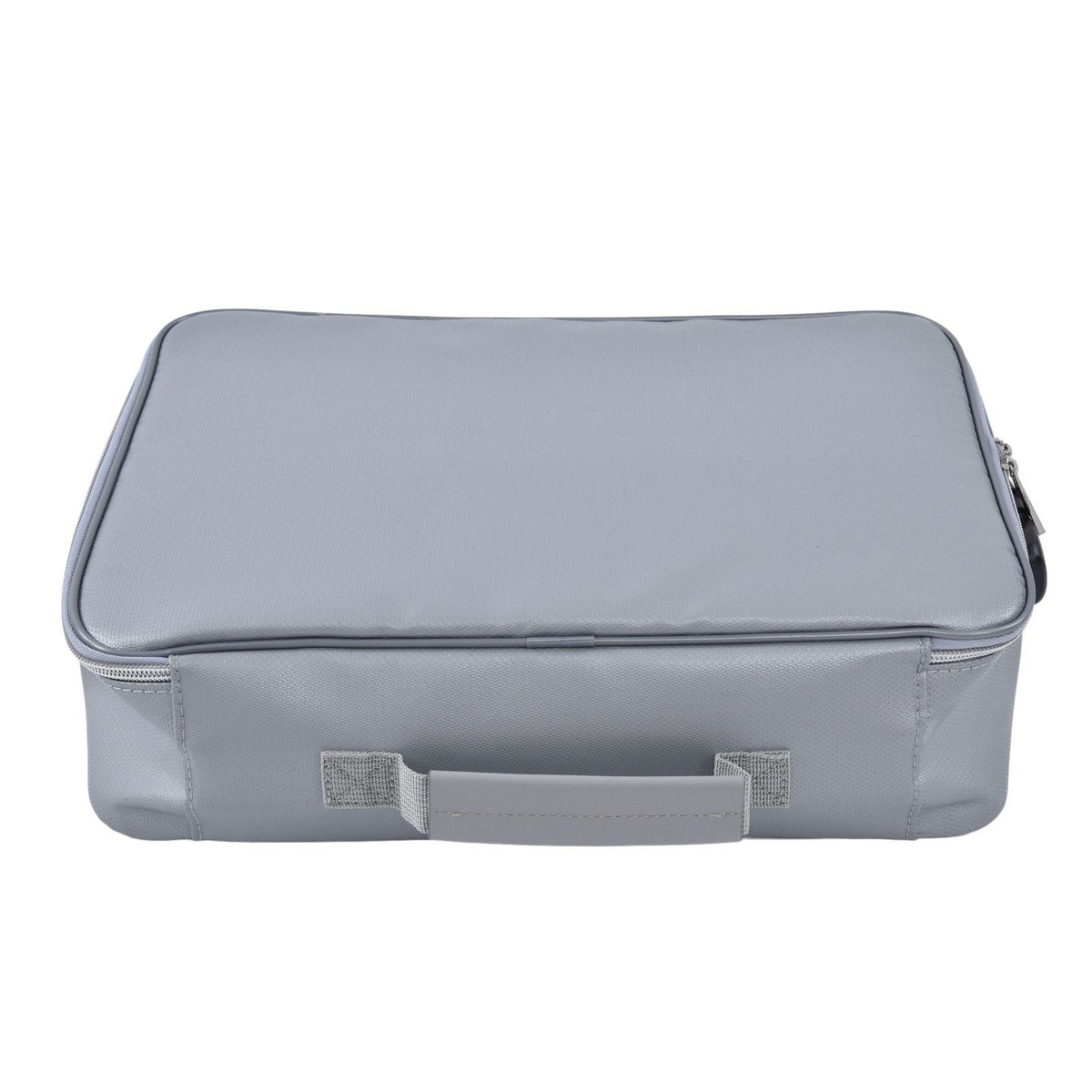 Fireproof Document Bag in silver-grey with a smooth coated fabric exterior, rounded rectangular shape and sturdy front handle