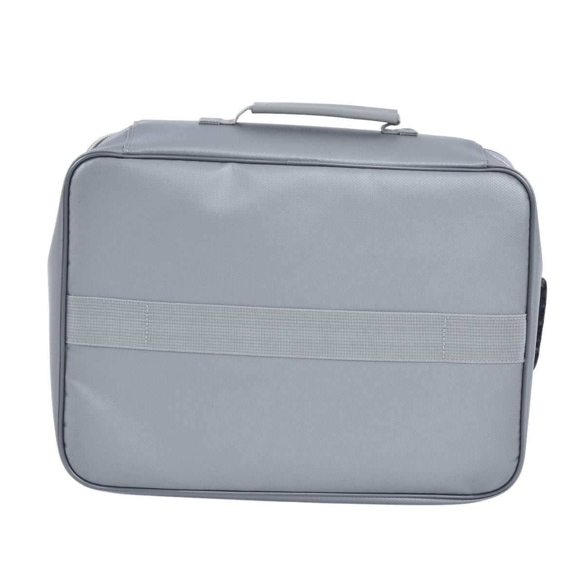 Fireproof Document Bag in silver-grey with a smooth fabric exterior, stitched edging, top handle and rear luggage strap