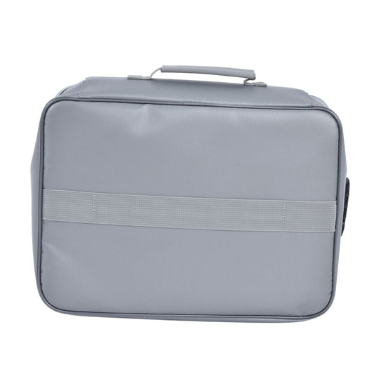 Fireproof Document Bag in silver-grey with a smooth fabric exterior, stitched edging, top handle and rear luggage strap