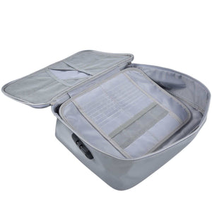 Fireproof Document Bag in silver-grey material, open to reveal a lined interior with multiple card slots and mesh pockets