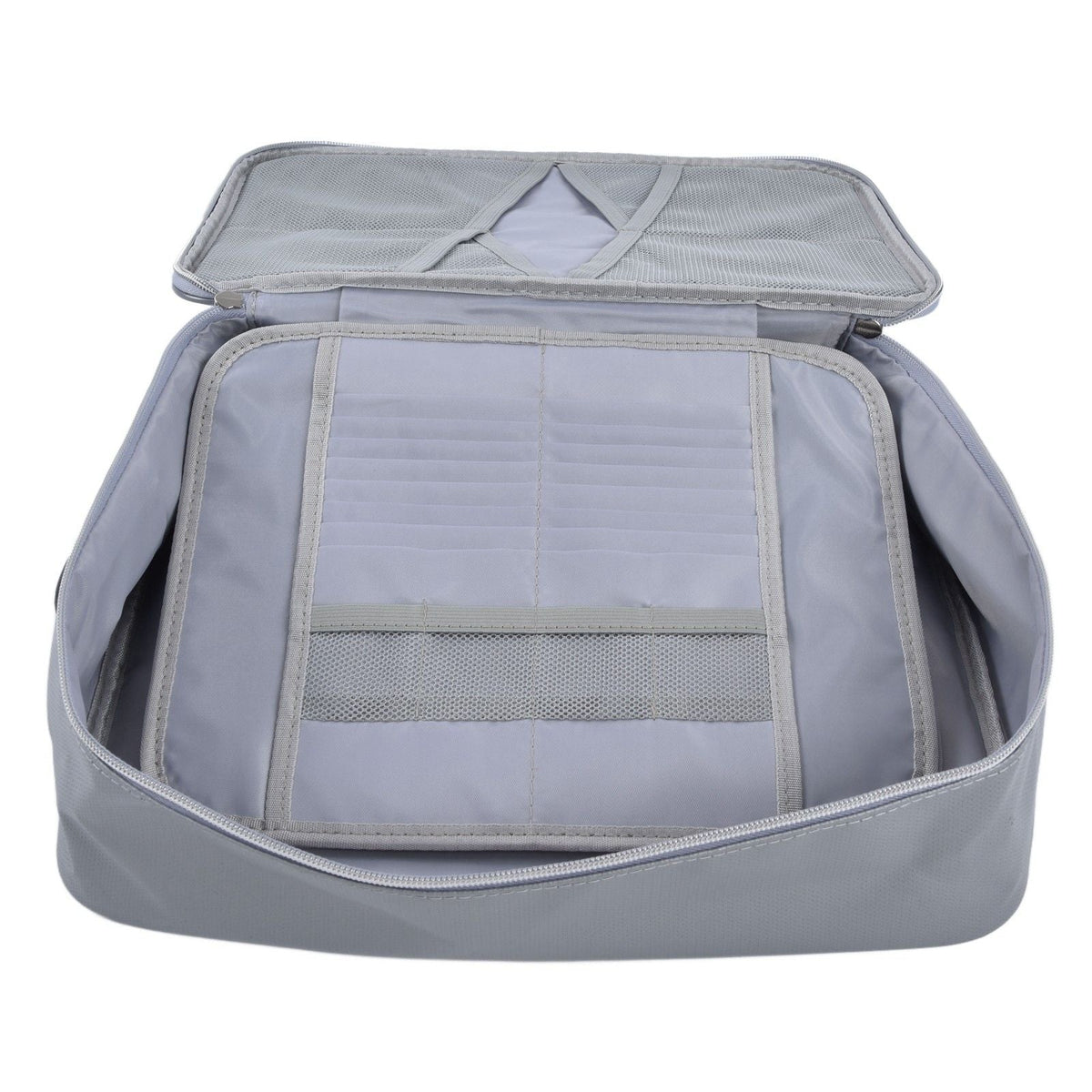 Fireproof Document Bag in silver-grey with a soft fabric exterior, opened to reveal a lined interior with mesh pockets