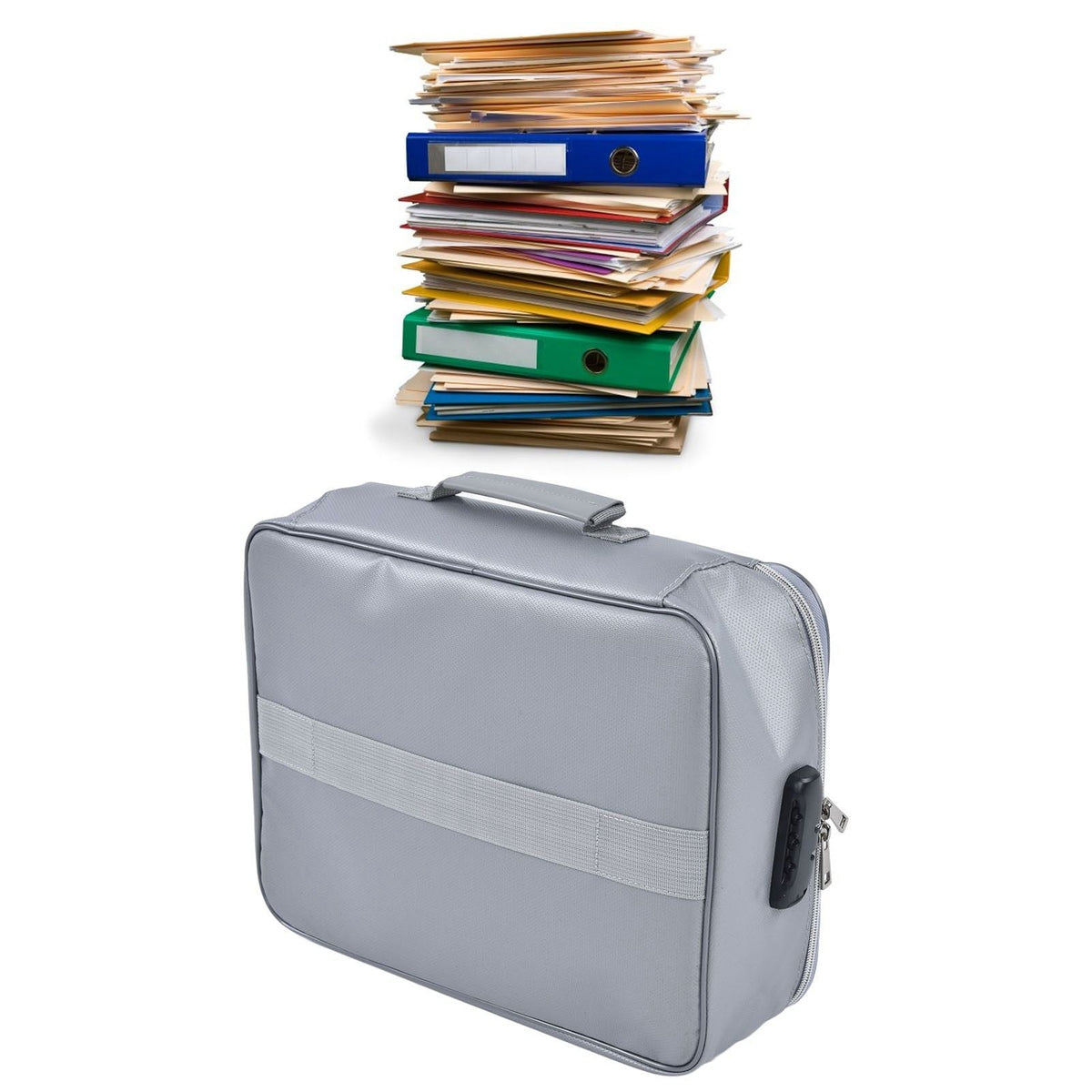Fireproof Document Bag in silver-grey fabric with a structured rectangular shape, top handle and front strap, shown beneath stacked folders
