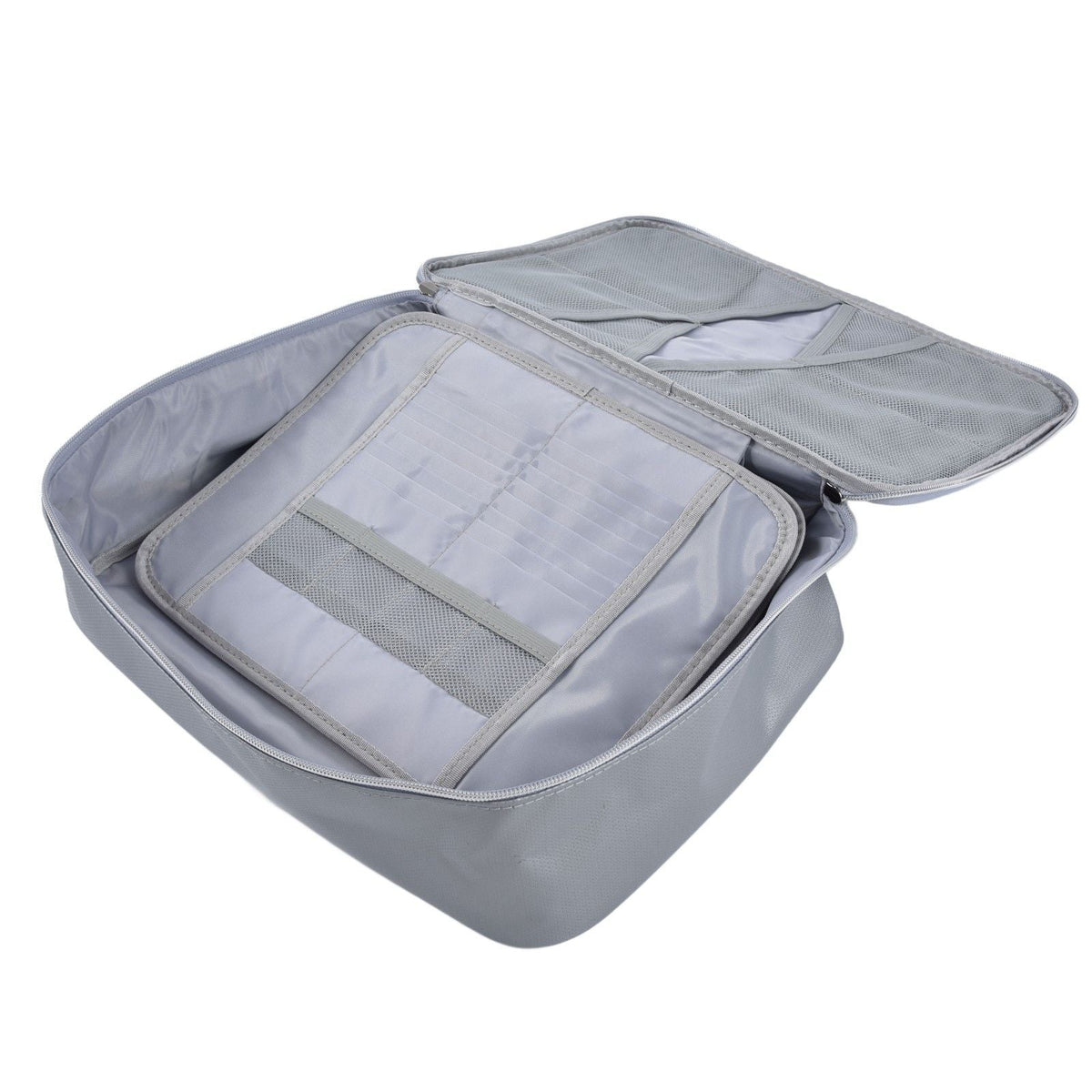 Fireproof Document Bag in silver silicone-coated fibreglass with an open multi-pocket interior and mesh compartments.