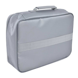 Fireproof Document Bag in silver with a smooth, textured exterior, rounded rectangular shape, top handle and front strap