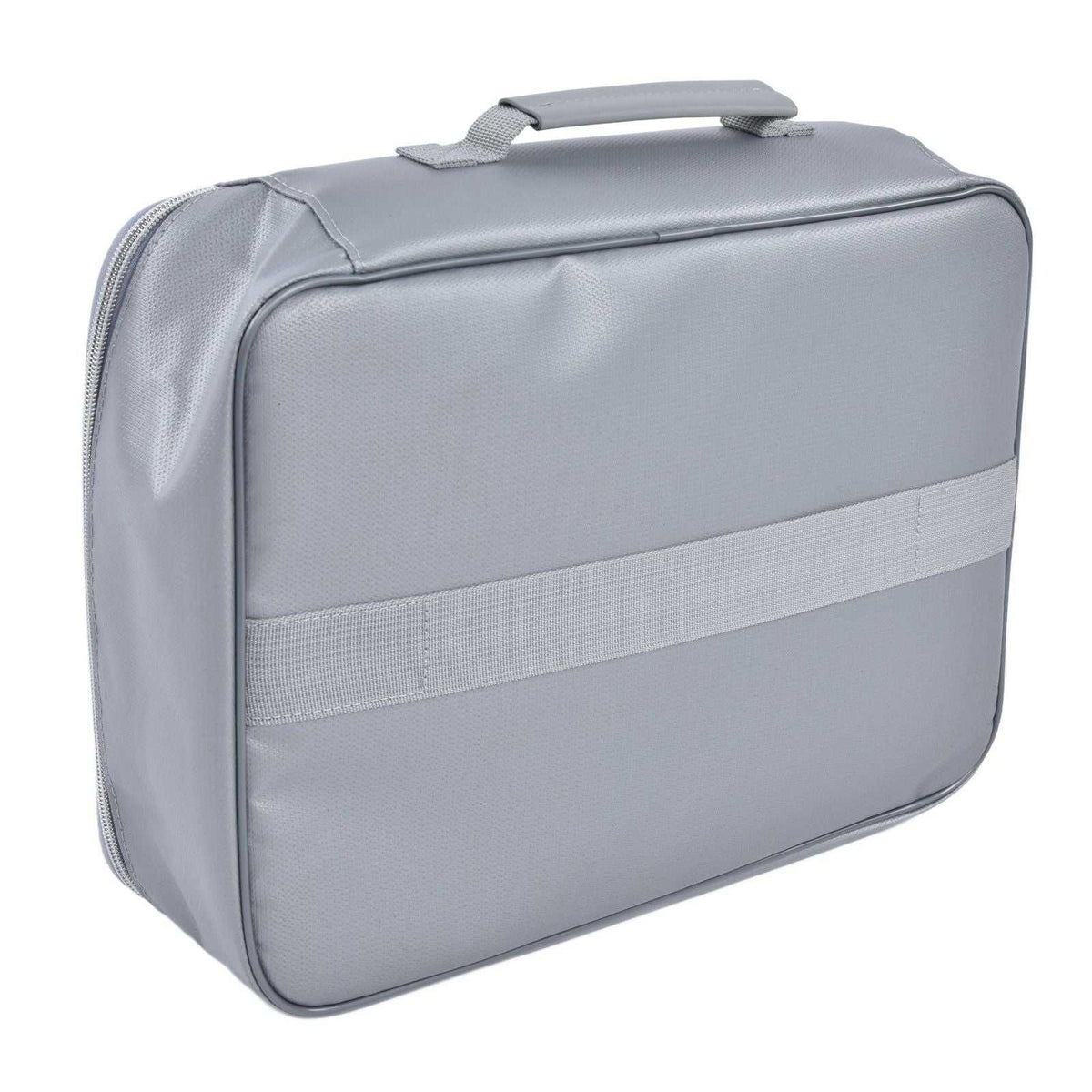 Fireproof Document Bag in silver with a smooth, textured exterior, rounded rectangular shape, top handle and front strap