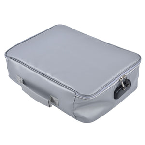 Fireproof Document Bag in silver with a smooth, textured finish, rounded rectangular shape and zip closure with combination lock