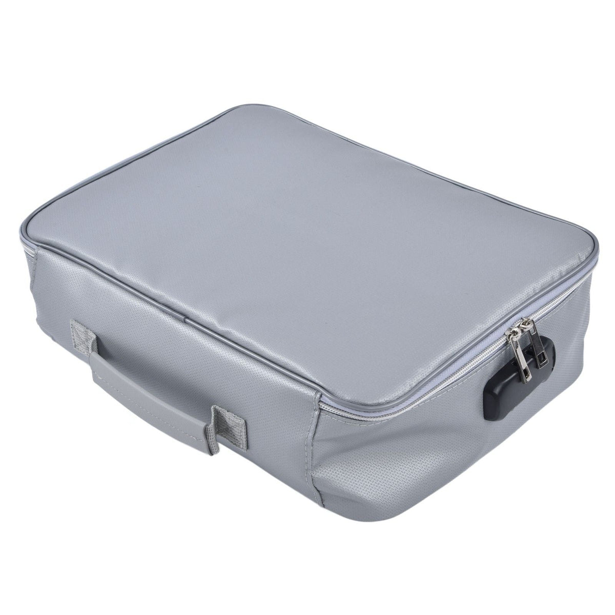 Fireproof Document Bag in silver with a smooth, textured finish, rounded rectangular shape and zip closure with combination lock
