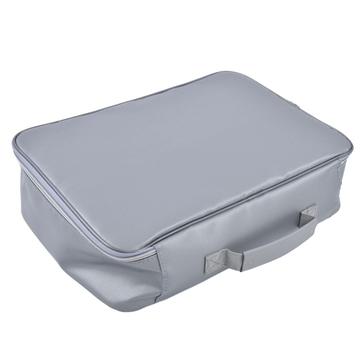 Fireproof Document Bag in silver textured material with a zippered closure and sturdy fabric carry handle