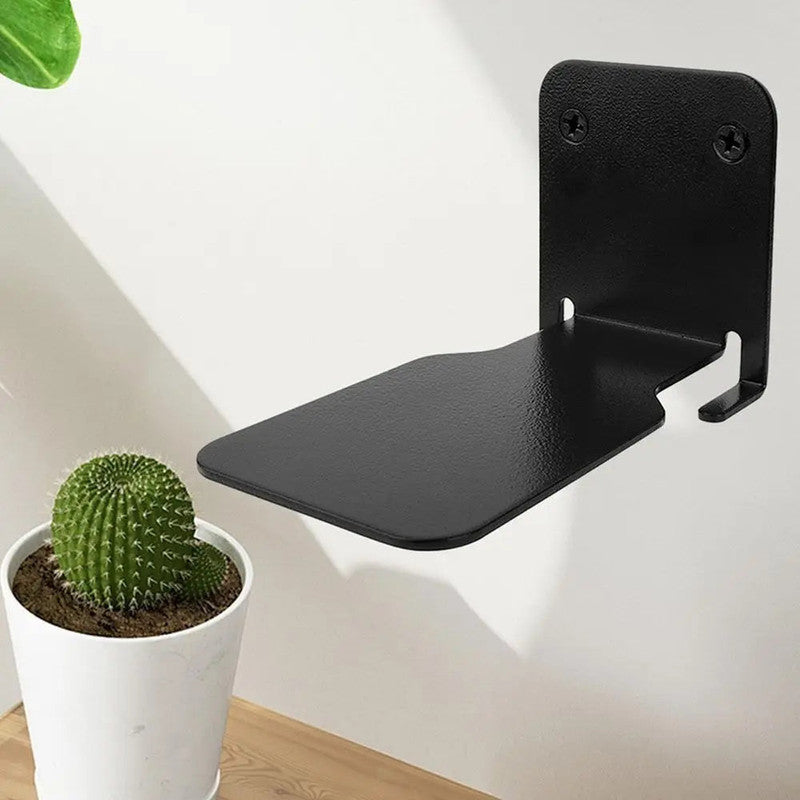 Floating Bookshelf Invisible black metal wall shelf with a flat rectangular platform and upright screw-mounted backplate